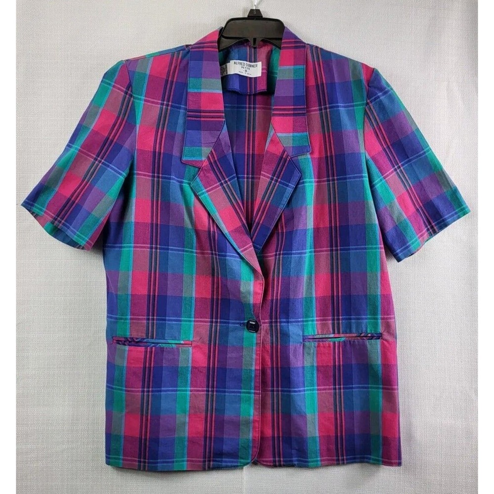 Vtg Alfred Dunner Women's Blazer Petite 8 Multicolor Plaid Collared Short Sleeve